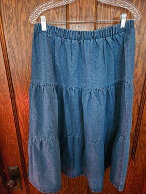 Easy Essentials Midi Skirt Women Large Blue Denim 100% Cotton Tiered A-Line Sz L